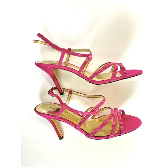 Nine West Hot Pink Rhinestone Satin Strappy Heels Evening Sandals Stiletto 7.5M - Picture 4 of 7